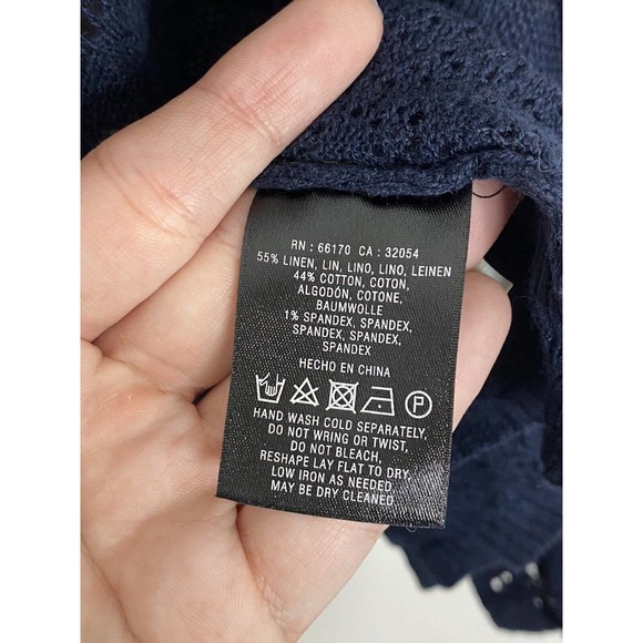 Anthropologie Knitted & Knotted Navy Blue Linen Crochet Cardigan Sweater Size M - Picture 5 of 6